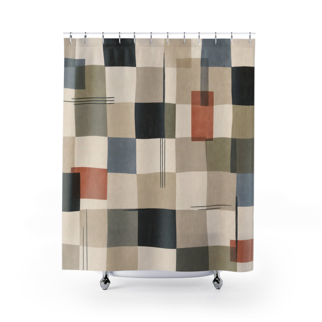Modern Geometric Shower Curtain, Neutral Patchwork Grid Pattern, Blue Green Black Abstract Bathroom Decor, Minimal Art Bath Style, Calm