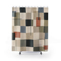 Modern Geometric Shower Curtain, Neutral Patchwork Grid Pattern, Blue Green Black Abstract Bathroom Decor, Minimal Art Bath Style, Calm