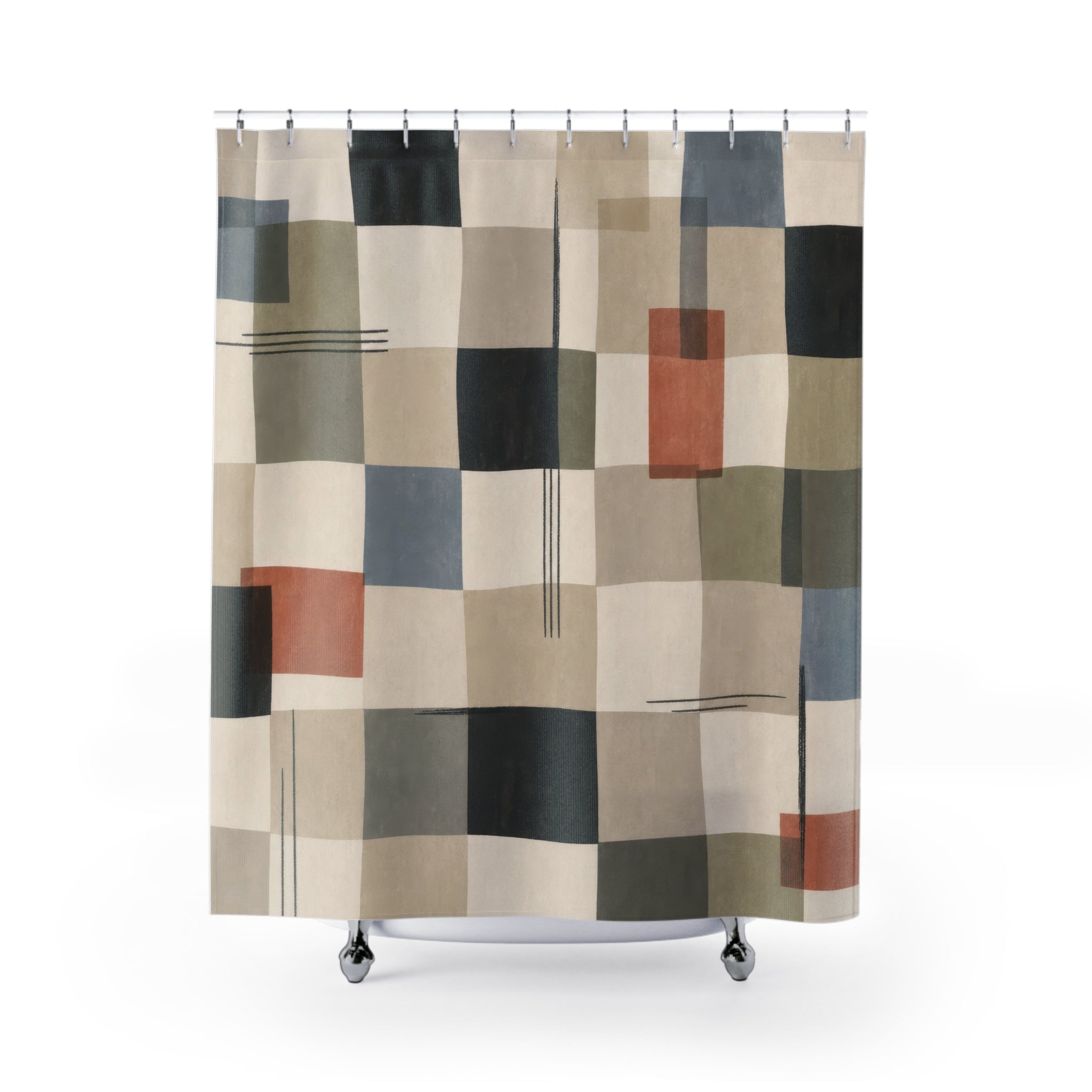 Modern Geometric Shower Curtain, Neutral Patchwork Grid Pattern, Blue Green Black Abstract Bathroom Decor, Minimal Art Bath Style, Calm