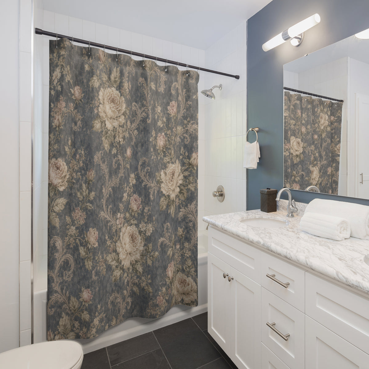 Slate Blue Vintage Rose dark shower curtain beside a white vanity