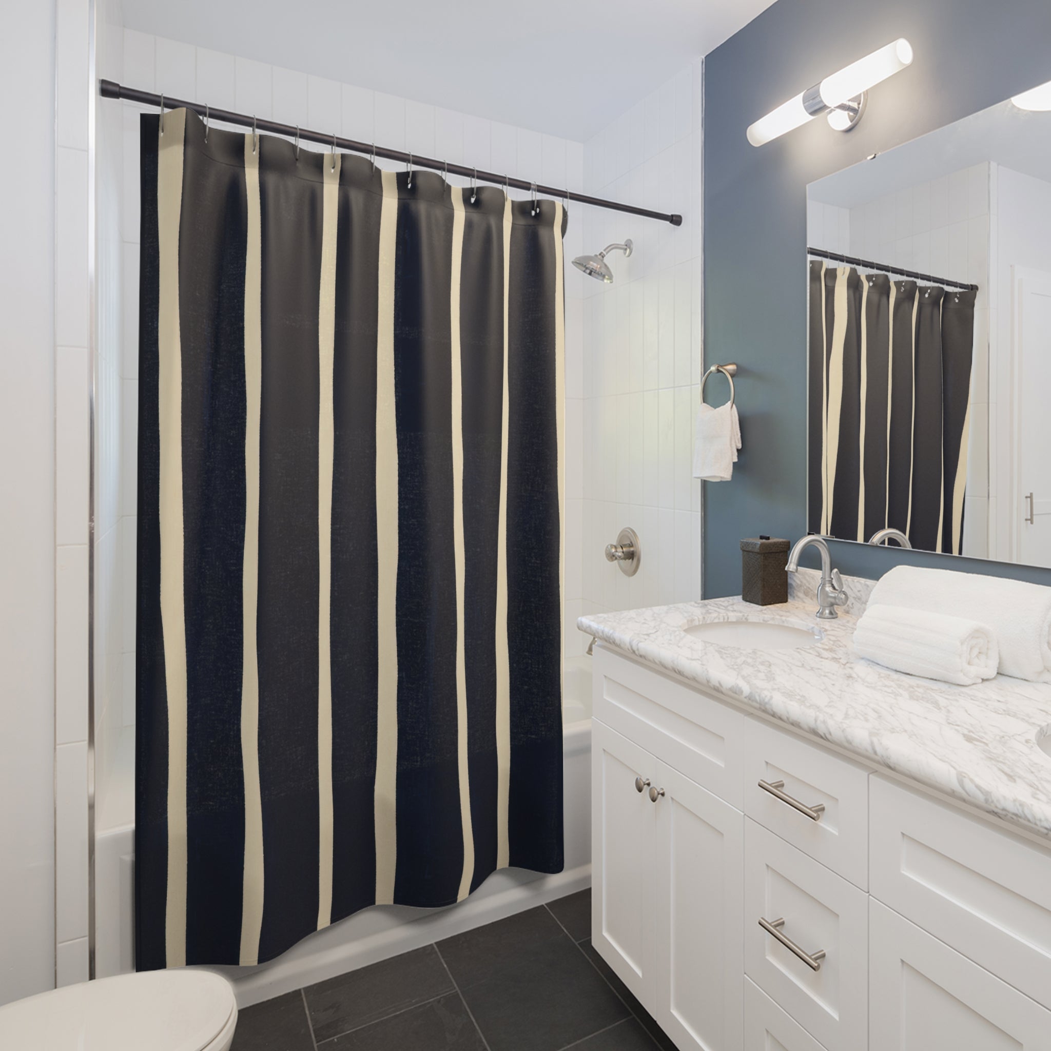 Dark Navy Cream Irregular Stripe Shower Curtain