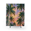 Green palm canopy around a pink and lavender sunset sky shower curtain with full front view