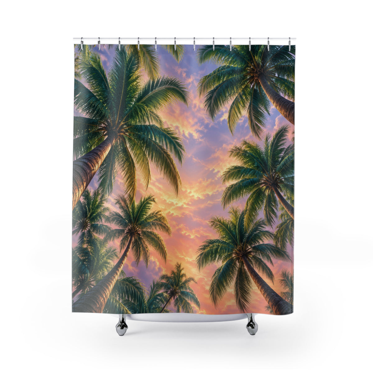 Green palm canopy around a pink and lavender sunset sky shower curtain with full front view