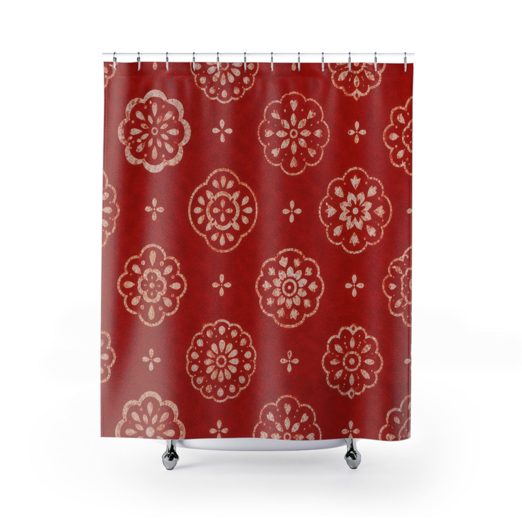 Cream Floral Medallion Red Shower Curtain