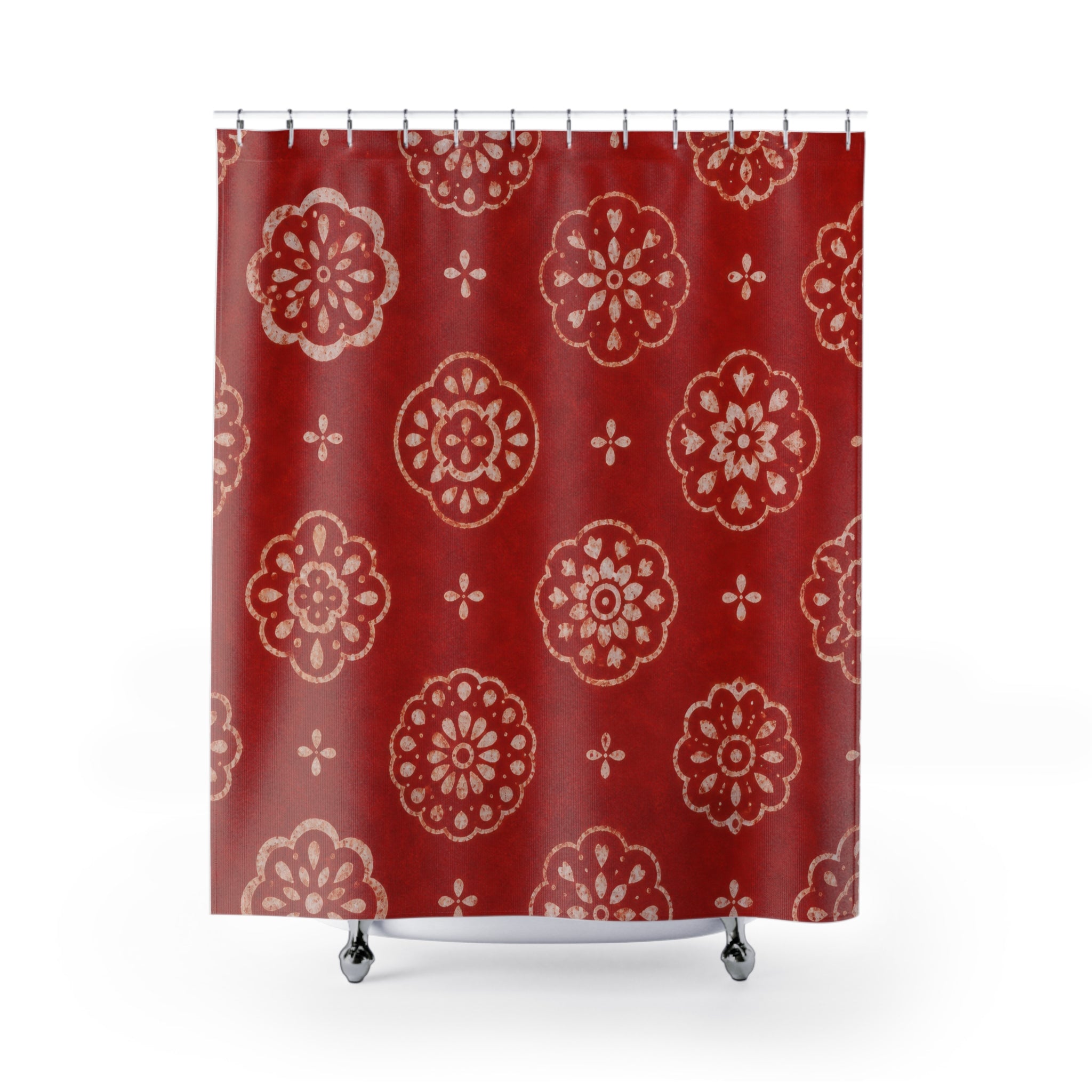 Cream Floral Medallion Red Shower Curtain