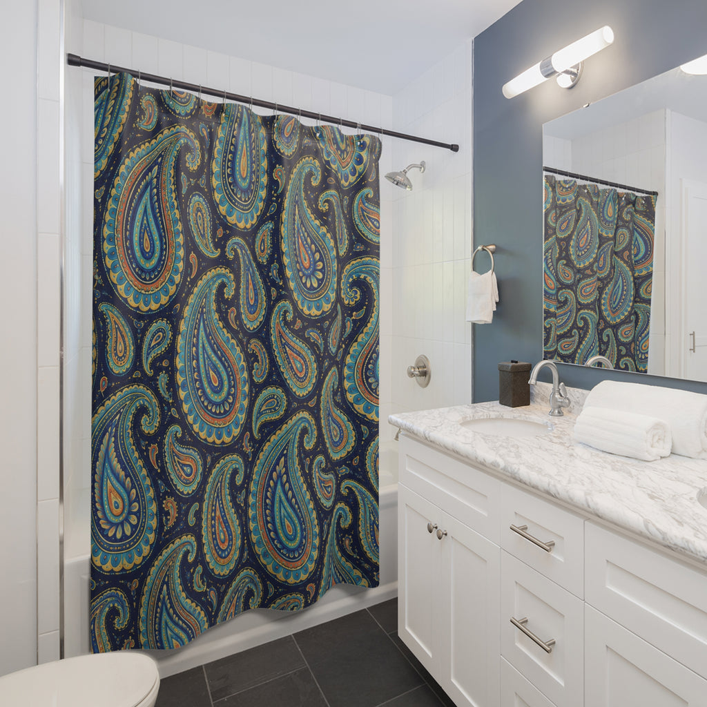 Turquoise paisley with golden yellow detail on navy shower curtain beside a white vanity