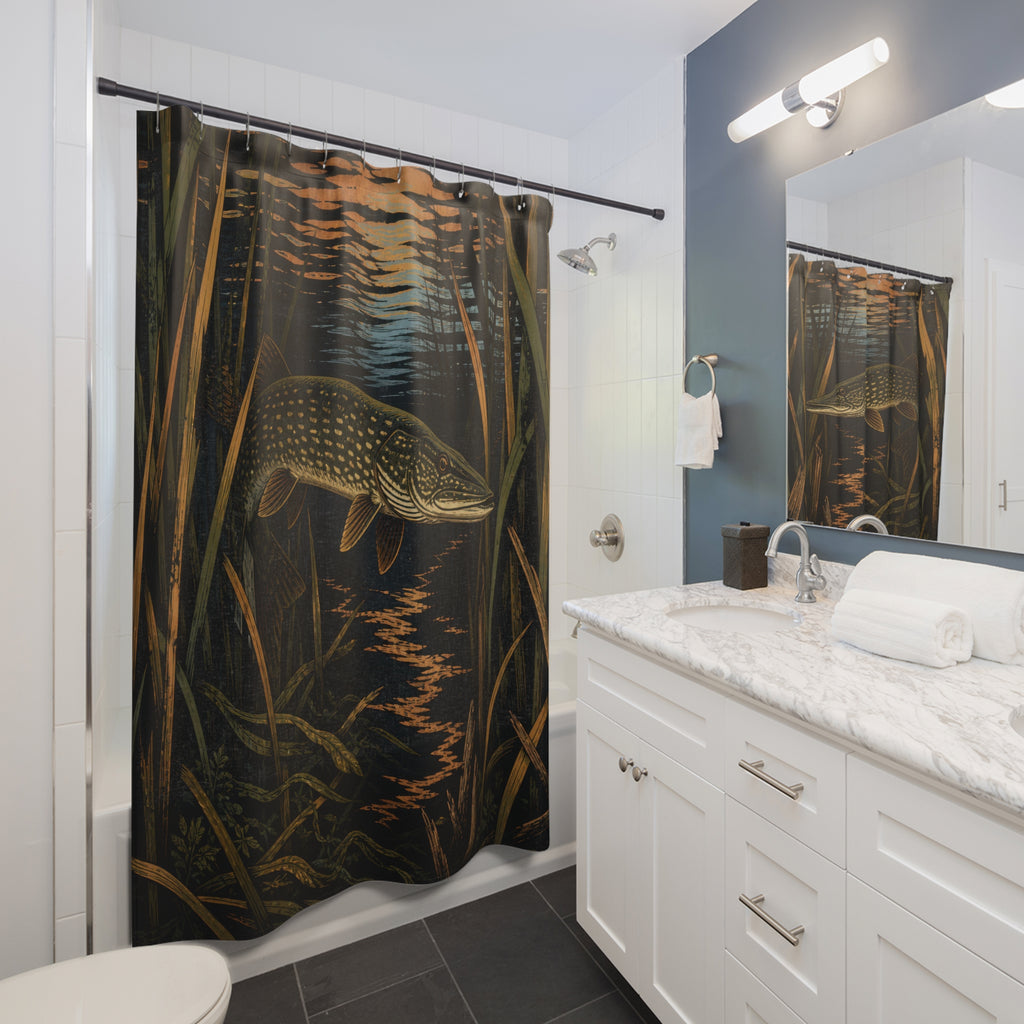 Northern pike among dark reeds and copper reflections shower curtain beside a white vanity