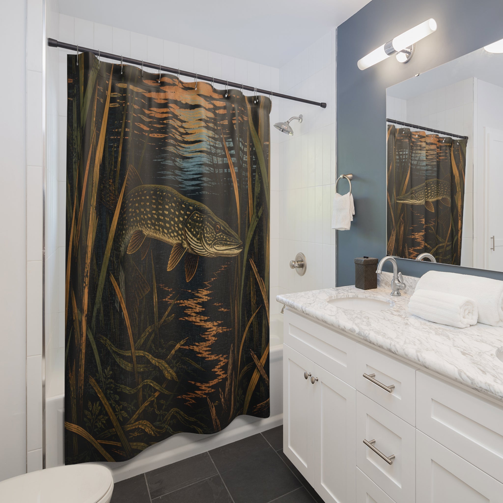 Northern pike among dark reeds and copper reflections shower curtain beside a white vanity