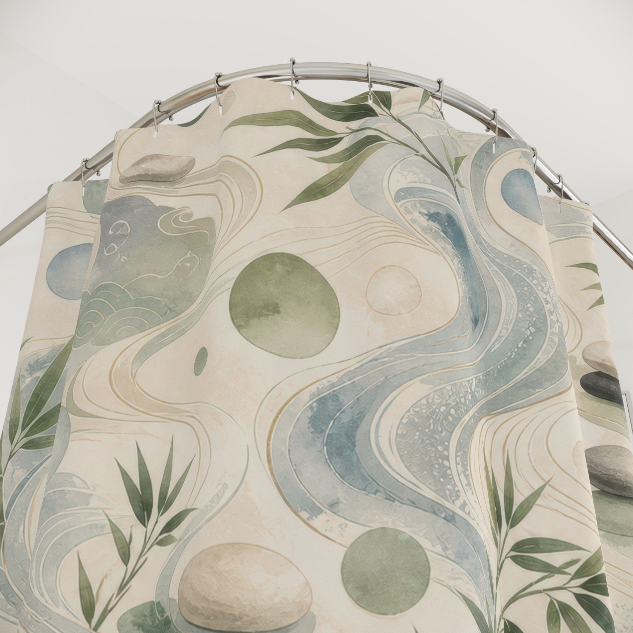 Feng Shui Shower Curtain, Jade Green Water Bamboo Bath Decor, Pebble Pattern, Zen Nature Inspired Guest Bathroom Spa Decor, Calm Spa Style