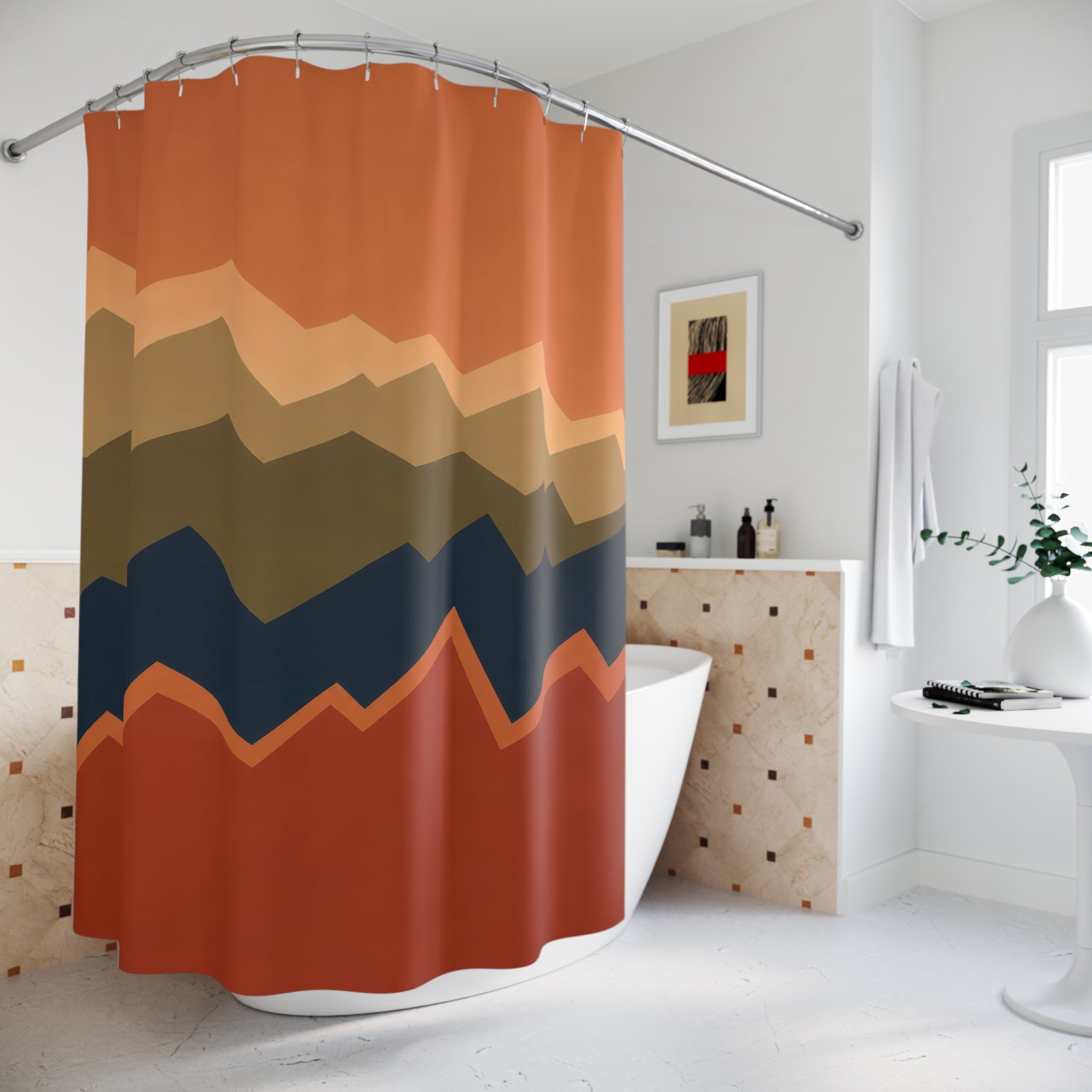 Rust olive and blue stacked broken zigzag horizons shower curtain beside a freestanding tub