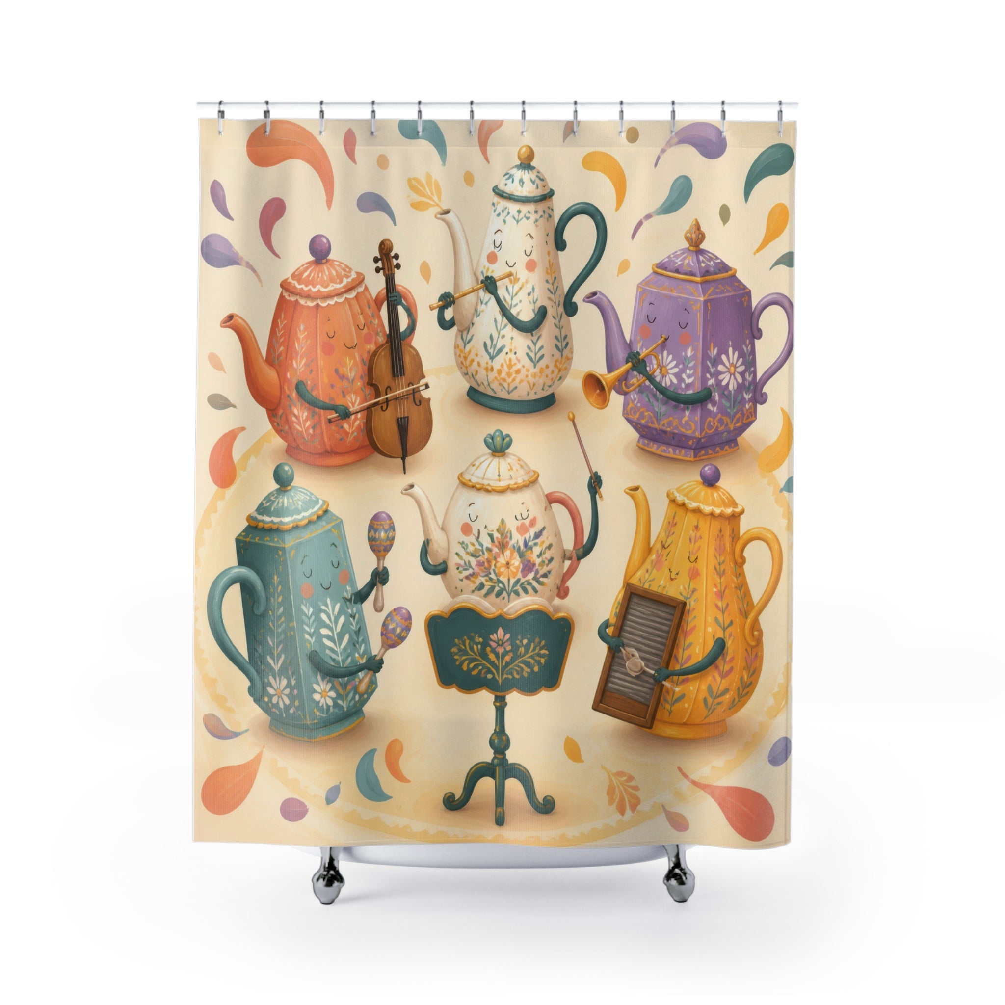 Whimsical floral teapot orchestra in coral and teal shower curtain with full front view