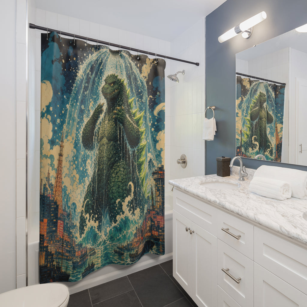 Unique Funny Dinosaur Shower Curtain, Kaiju Monster City Bath Art, Green Lizard Bathroom Humor, Kids Dorm Guest Bath Decor Gift For Home