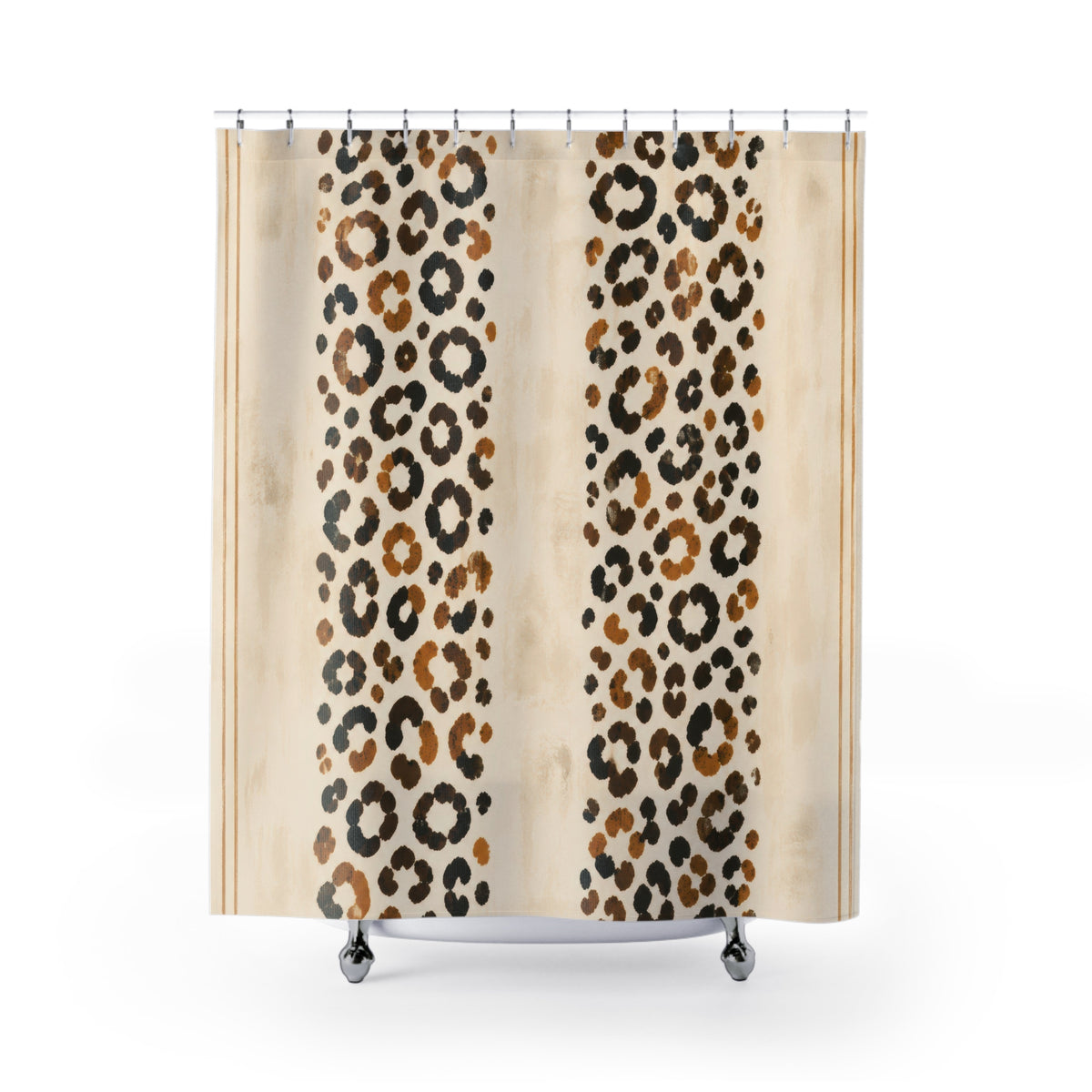 Twin bands of ochre cheetah print on cream shower curtain with full front view