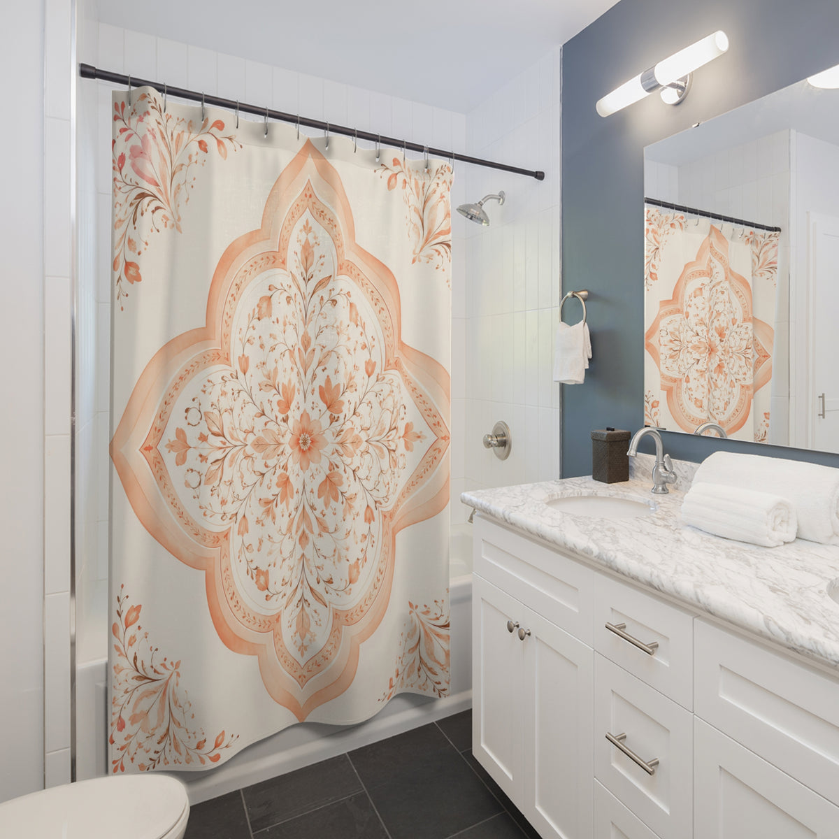 Peach quatrefoil floral medallion shower curtain beside a white vanity