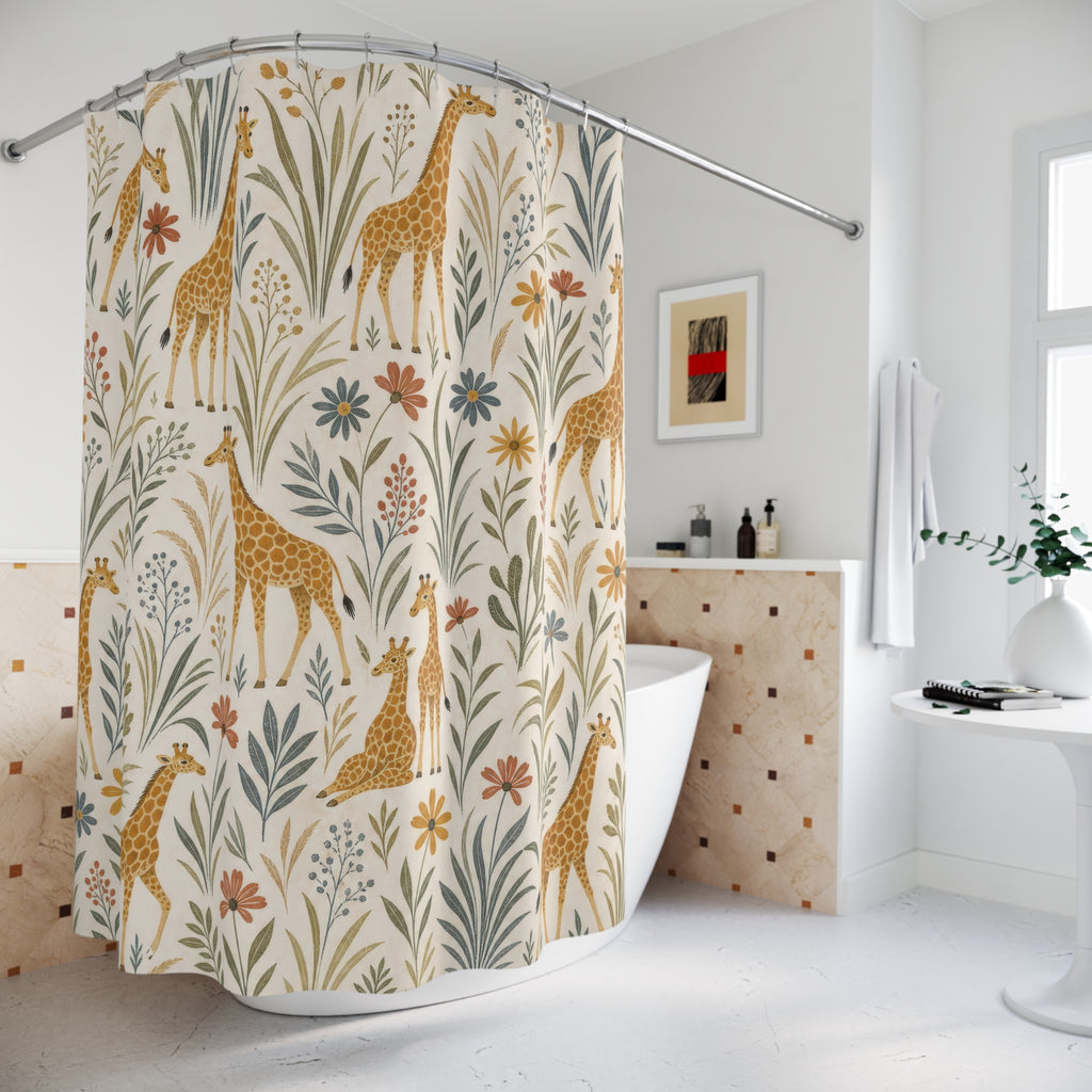 Botanical Safari Animal giraffe small shower curtain beside a freestanding tub
