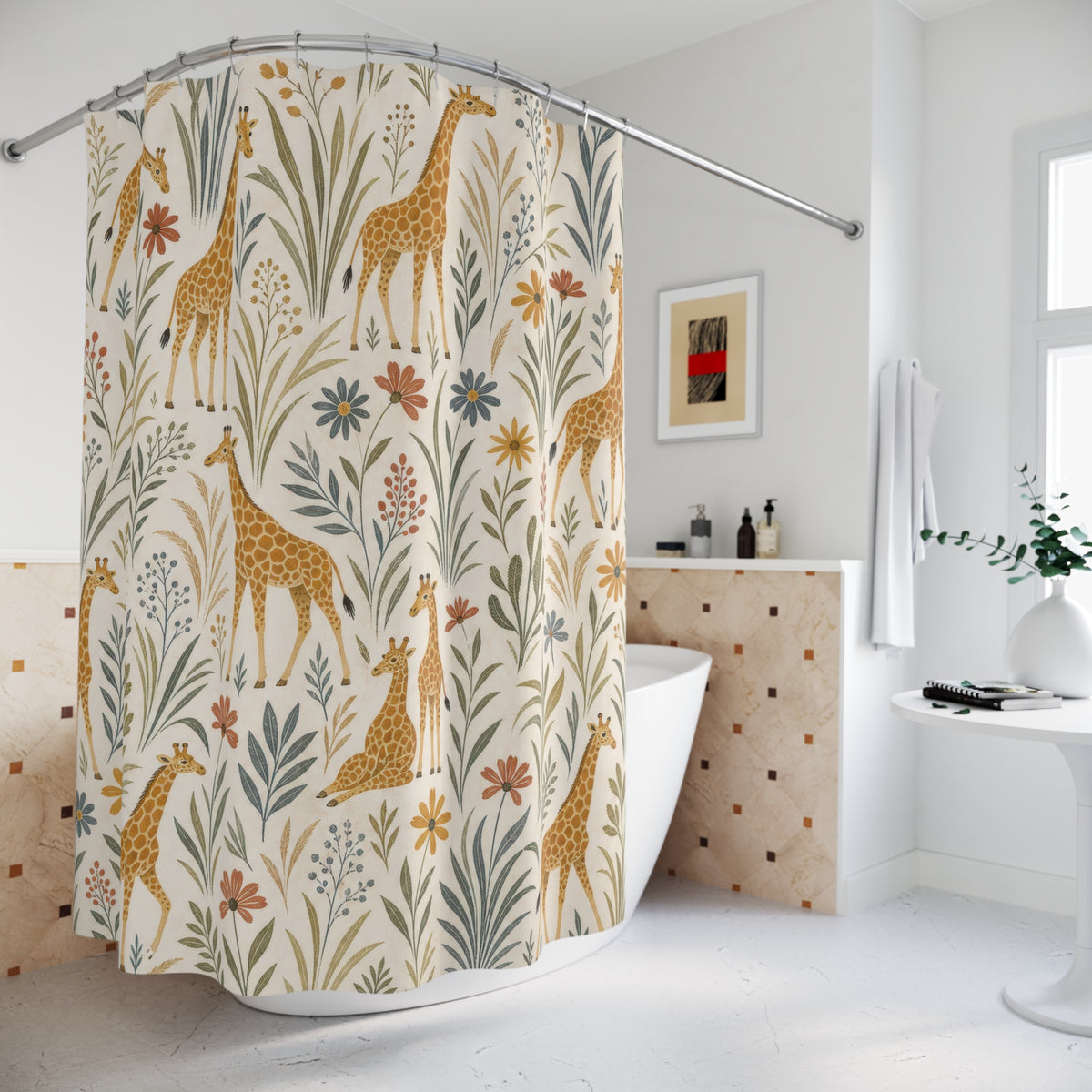 Botanical Safari Animal giraffe small shower curtain beside a freestanding tub