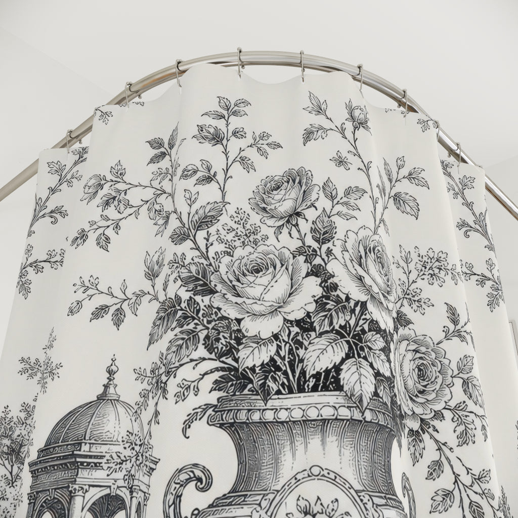 Black White Toile Floral Vintage Cottage Cottagecore Shower Curtain