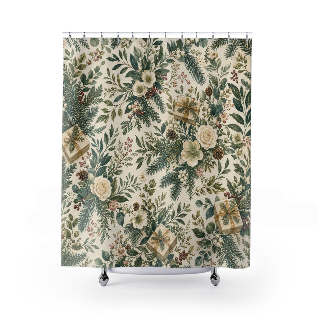 Christmas Gift Shower Curtain, Green Floral Bath Decor, White Rose Pine Present Pattern, Farmhouse Holiday Guest Bathroom Decor Style