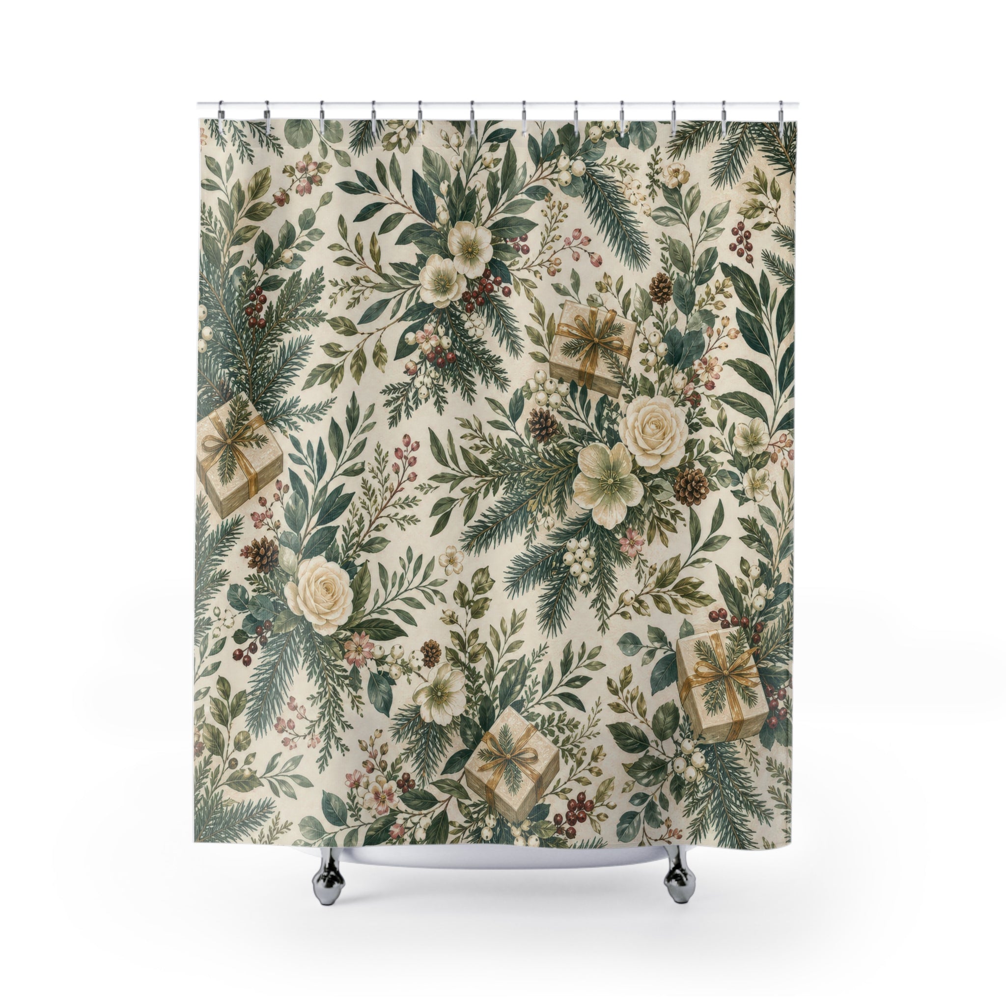 Christmas Gift Shower Curtain, Green Floral Bath Decor, White Rose Pine Present Pattern, Farmhouse Holiday Guest Bathroom Decor Style