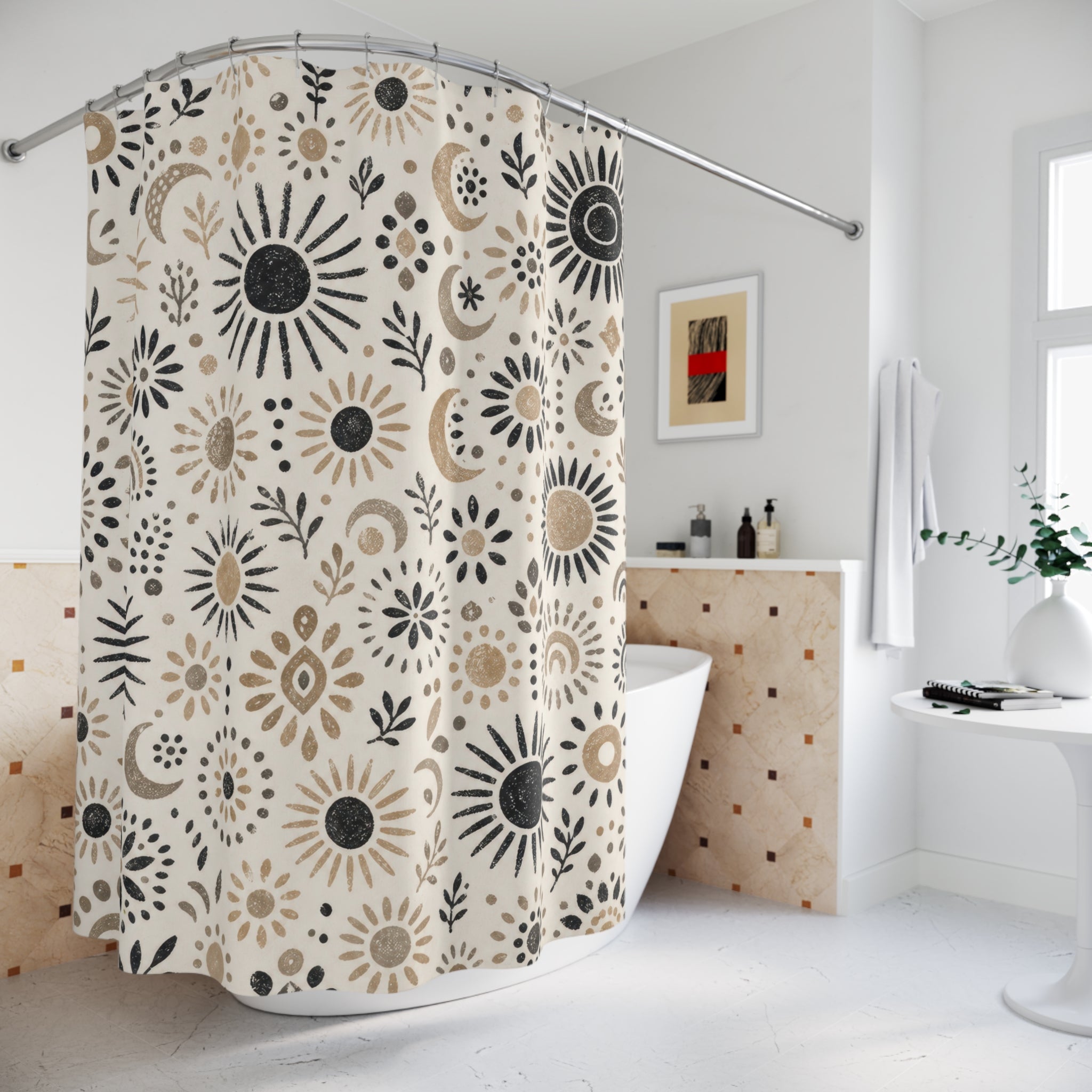Black Beige Sun Moon Star Shower Curtain