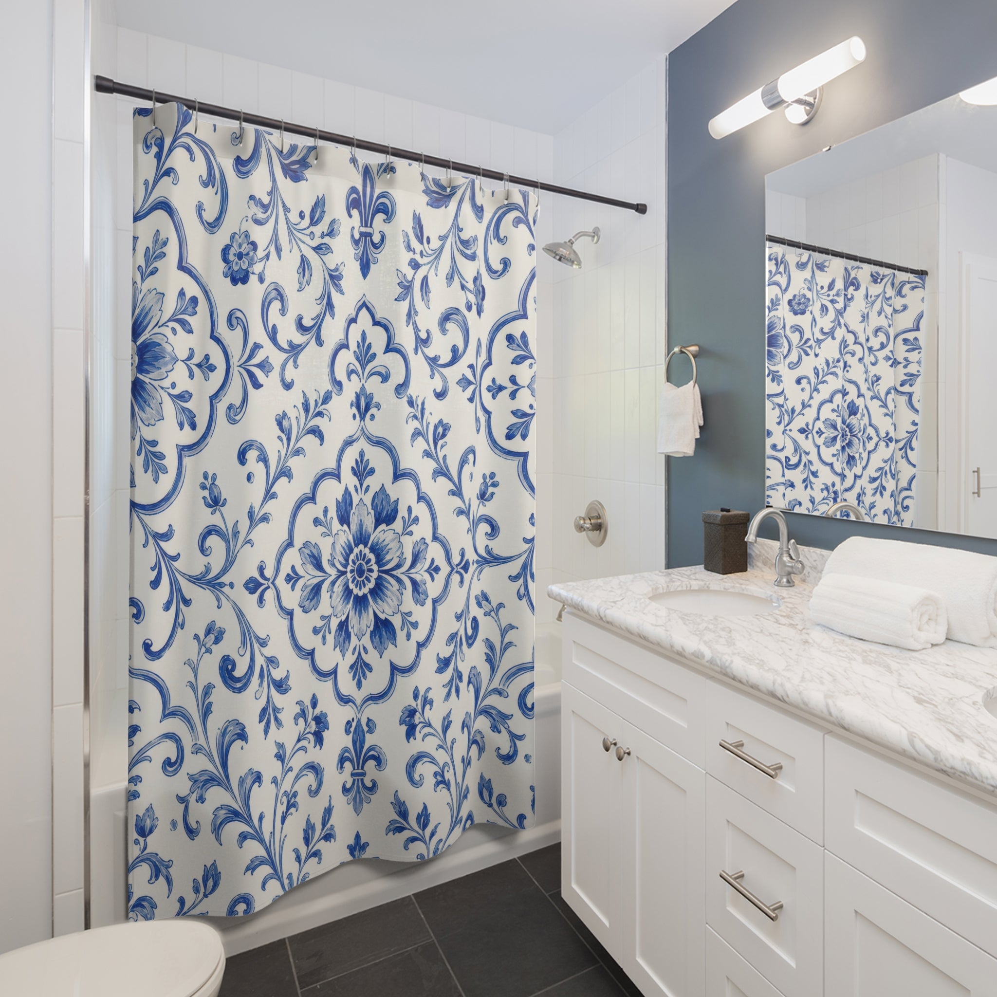 Blue White French Country Ornamental Shower Curtain
