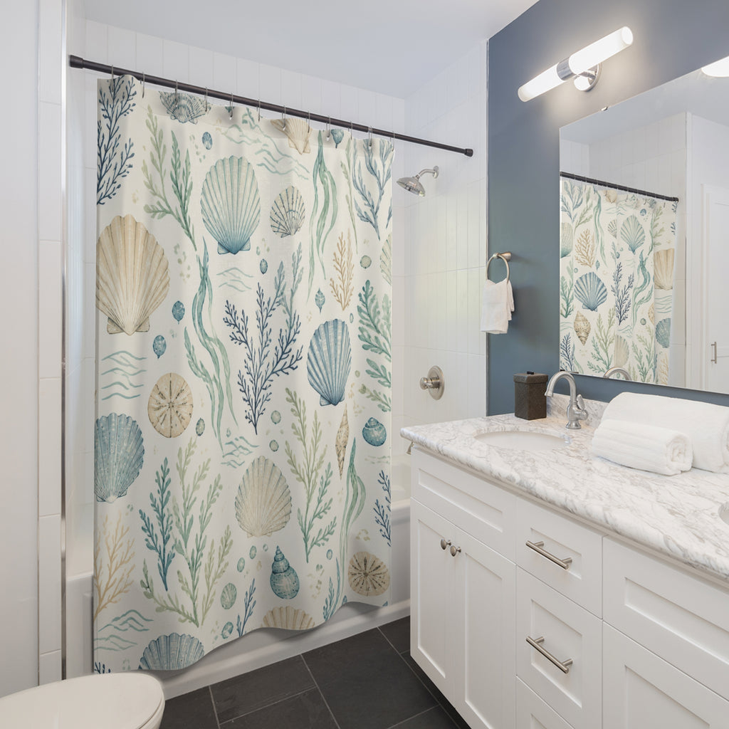 Coastal Shower Curtain, Shell Seaweed Beach Pattern, Pale Blue Bathroom Decor, Serene Beach Wall Decor Guest Bath Wall Gift For Home