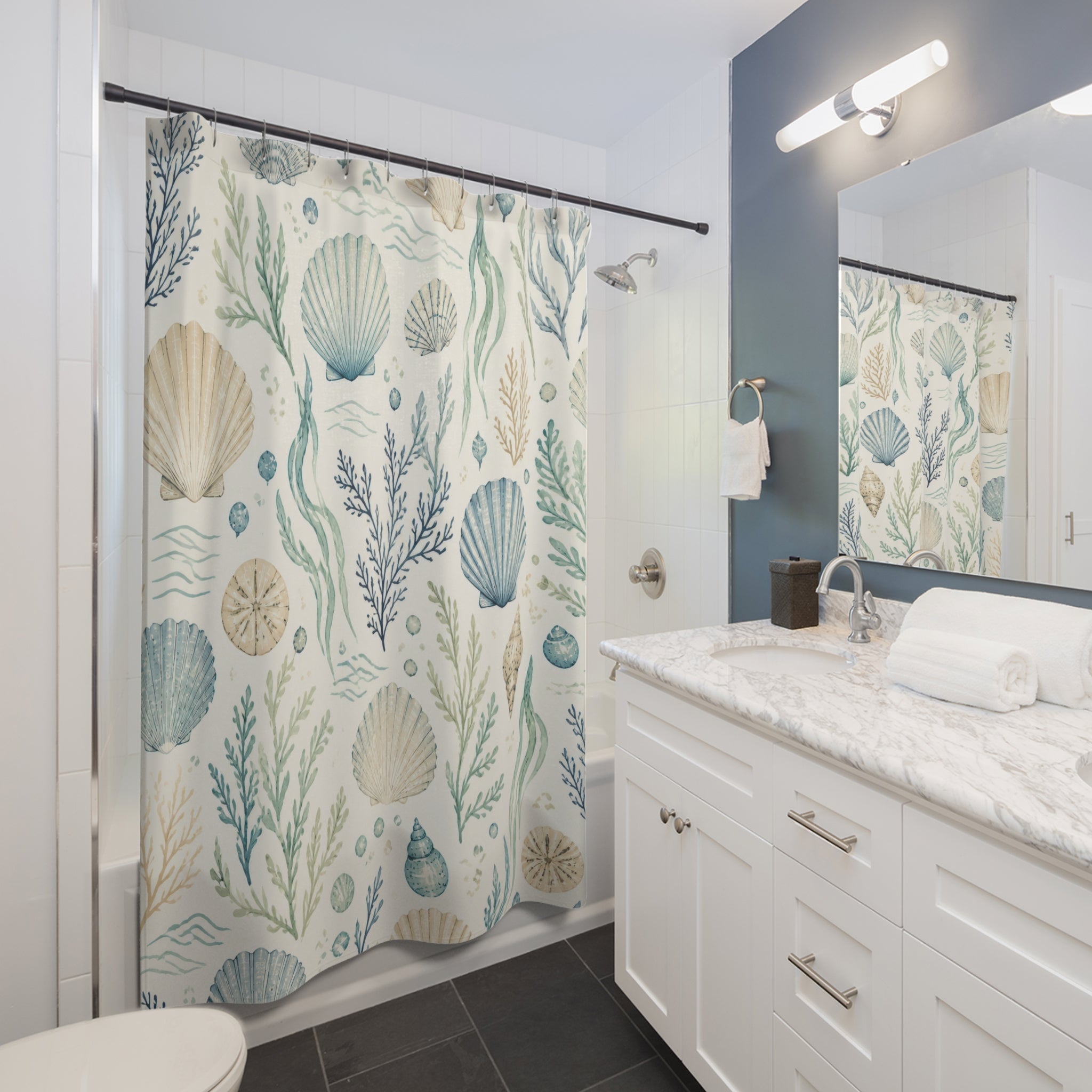 Coastal Shower Curtain, Shell Seaweed Beach Pattern, Pale Blue Bathroom Decor, Serene Beach Wall Decor Guest Bath Wall Gift For Home