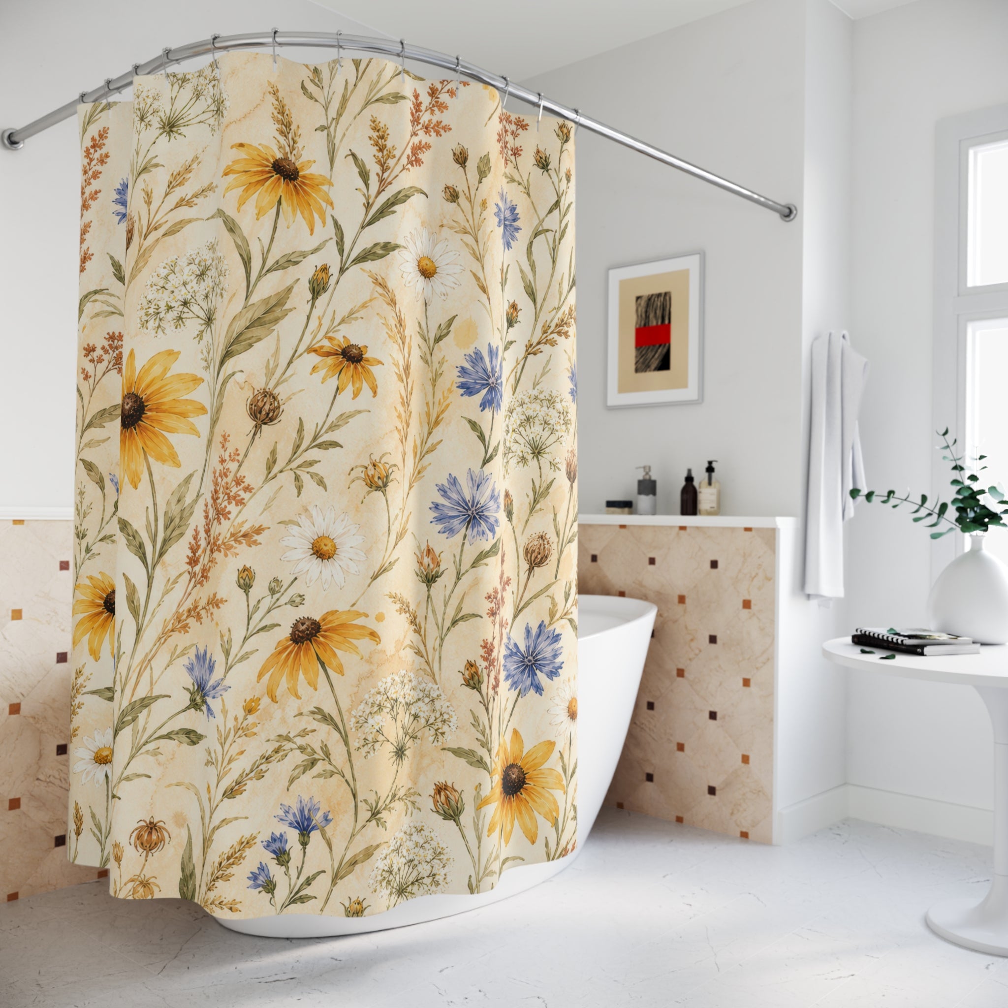 Golden Blue Wildflower Watercolor Shower Curtain