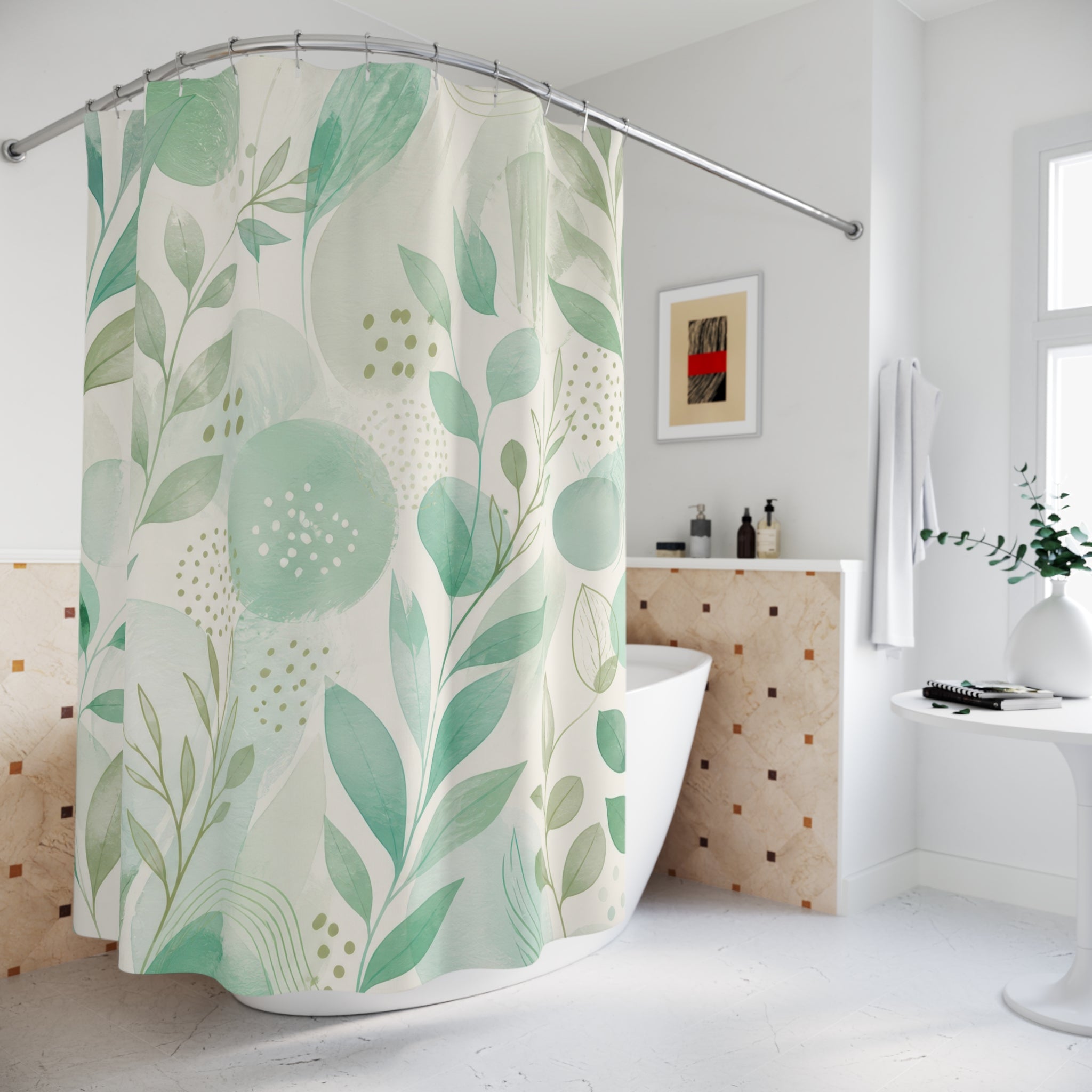 Mint Green Shower Curtain, Airy Botanical Leaf Pattern, Sage Floral Bath Decor, Soft Garden Guest Bathroom Accent, Fresh Pastel Style