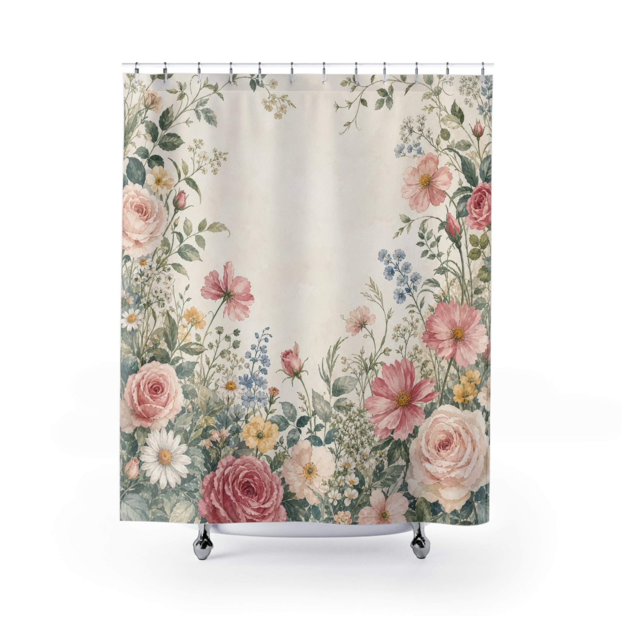 Pink Rose Garden Border Shower Curtain