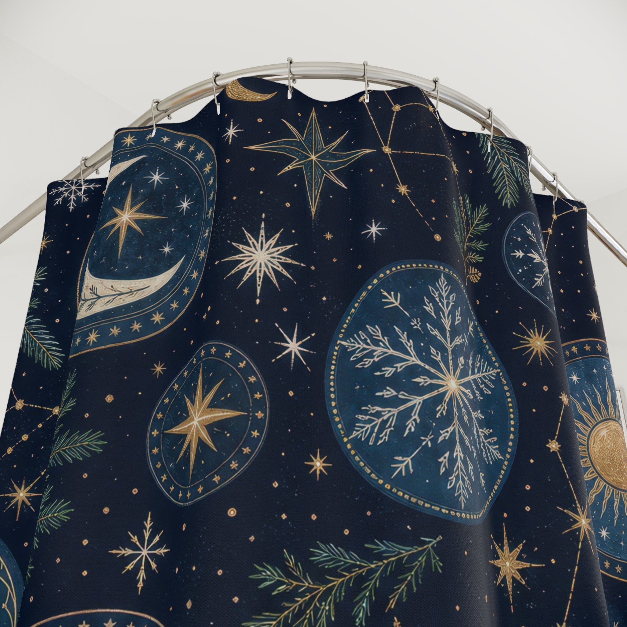 Celestial Christmas Shower Curtain, Navy Gold Moon Star Holiday Pattern, Winter Solstice Bathroom Decor, Elegant Festive Guest Bath