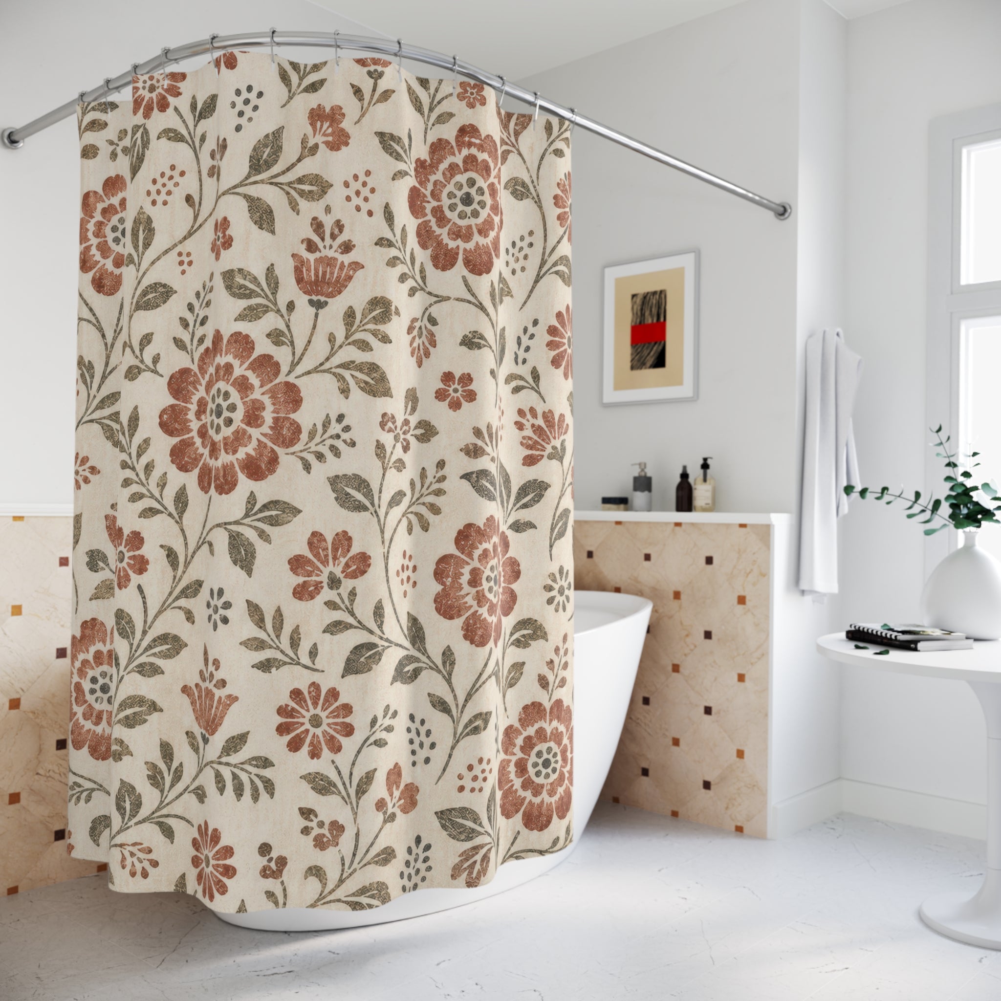 Rust Orange Folk Flower Shower Curtain