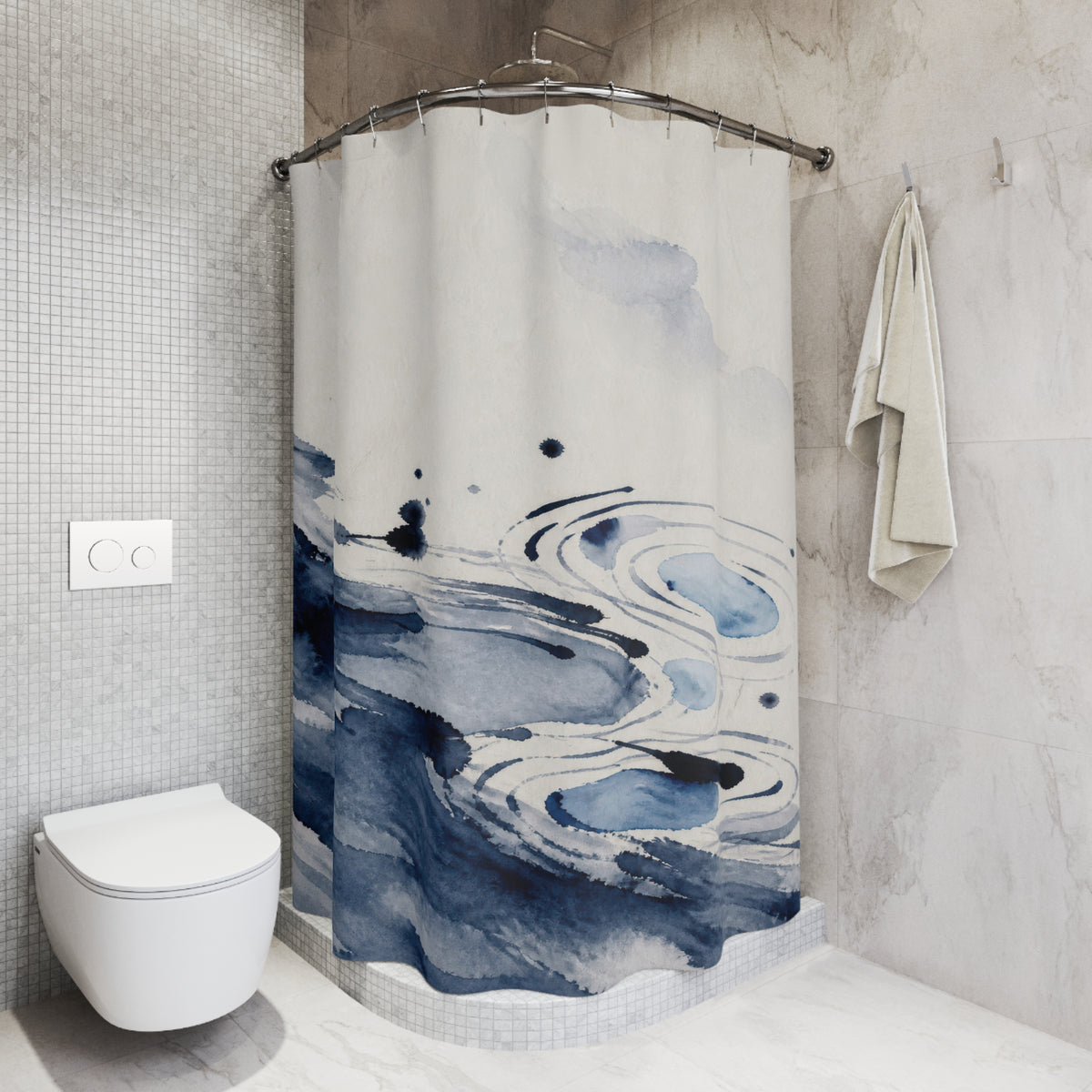 Blue Watercolor Abstract Bathroom Decor Navy Blue Bath Curtain shower curtain in a modern gray bathroom