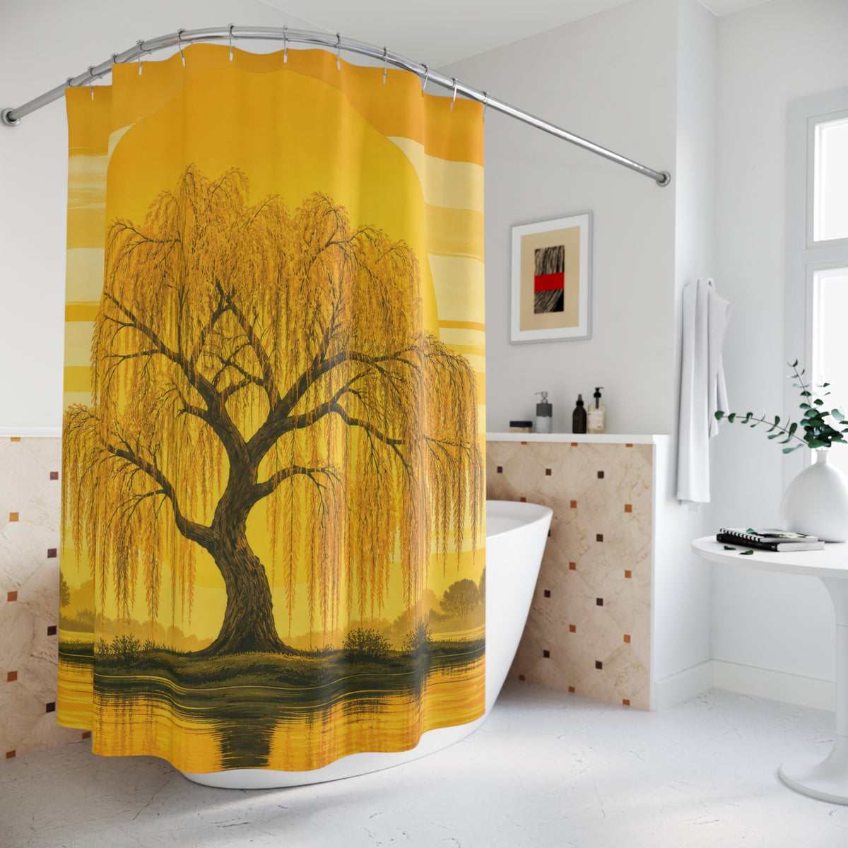 Golden willow tree silhouetted before a large sun shower curtain beside a freestanding tub