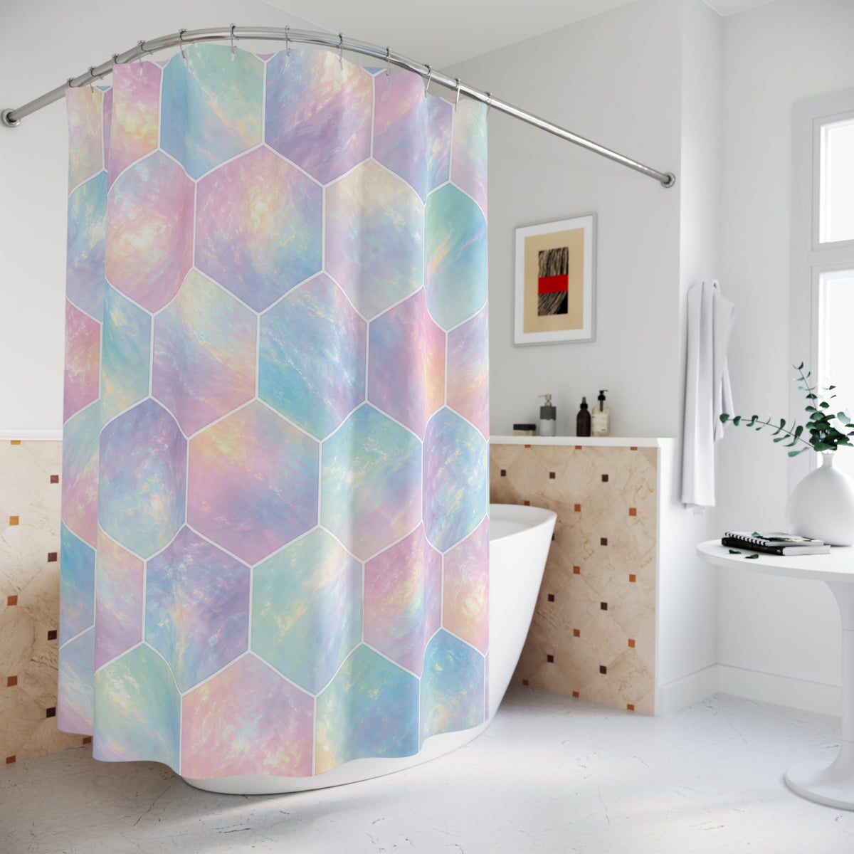 Pastel opal-effect hexagons with fine white outlines shower curtain beside a freestanding tub