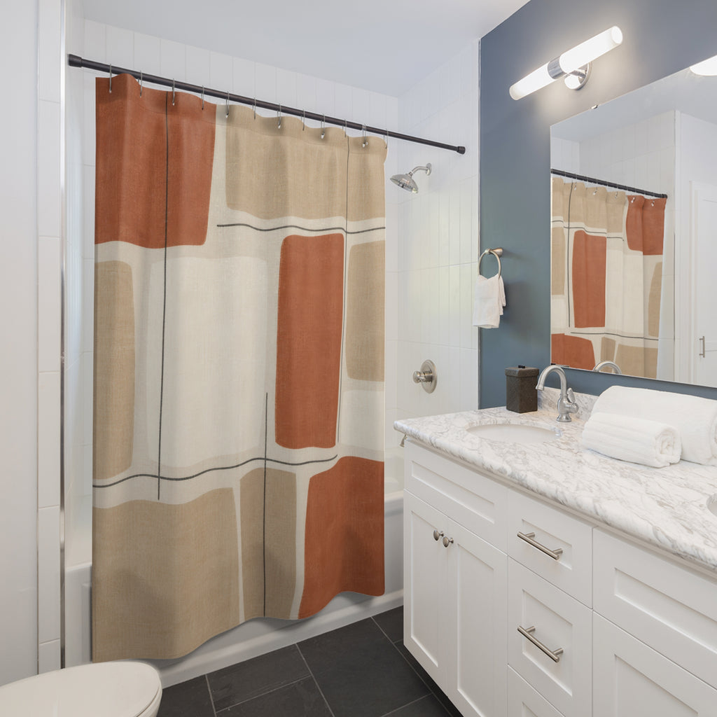 Abstract Shower Curtain, Terracotta Beige Grid Pattern, Rust Neutral Bathroom Decor, Modern Geometric Guest Bath Warm Art Style