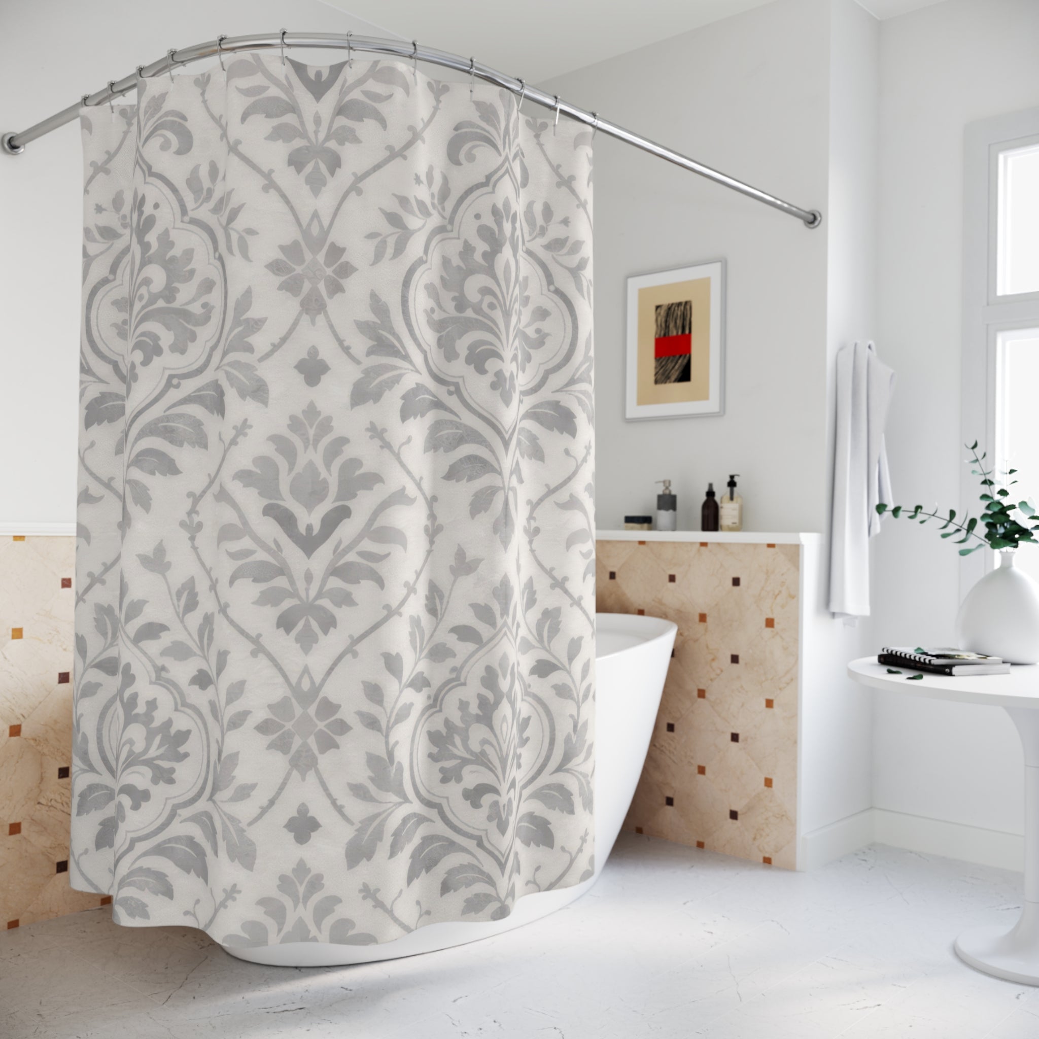 Damask Medallion Shower Curtain – Grey and White