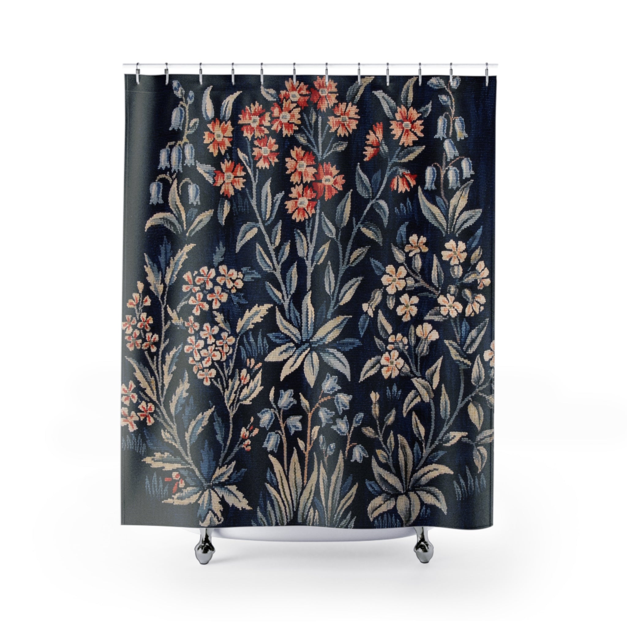 Dark Blue Floral Shower Curtain – Navy Woodland Garden