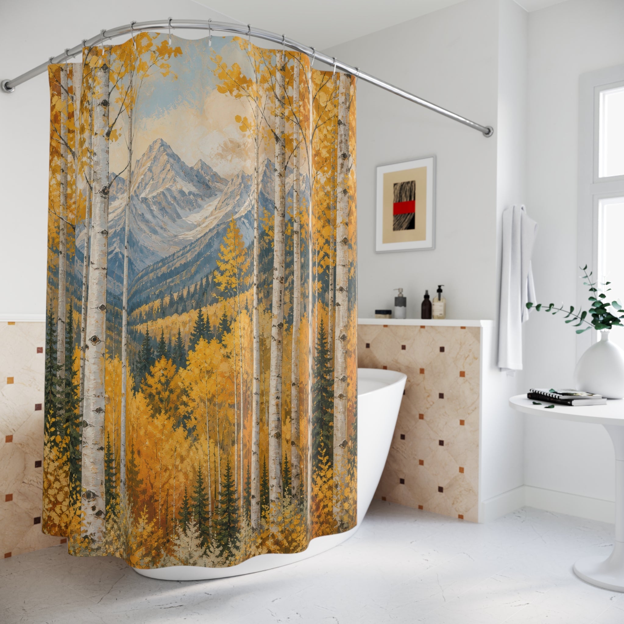 Aspen Shower Curtain, Autumn Mountain Forest Bath Decor, White Birch Tree Golden Leaf Pattern, Nature Inspired Guest Bathroom Decor