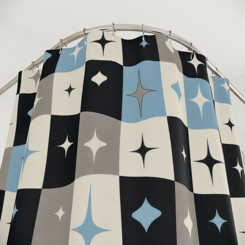 Retro Checkerboard Shower Curtain, Blue Black Star Tile Pattern, Atomic Bathroom Decor, Bold Blue Atomic Wall Decor Guest Bath Wall Gift