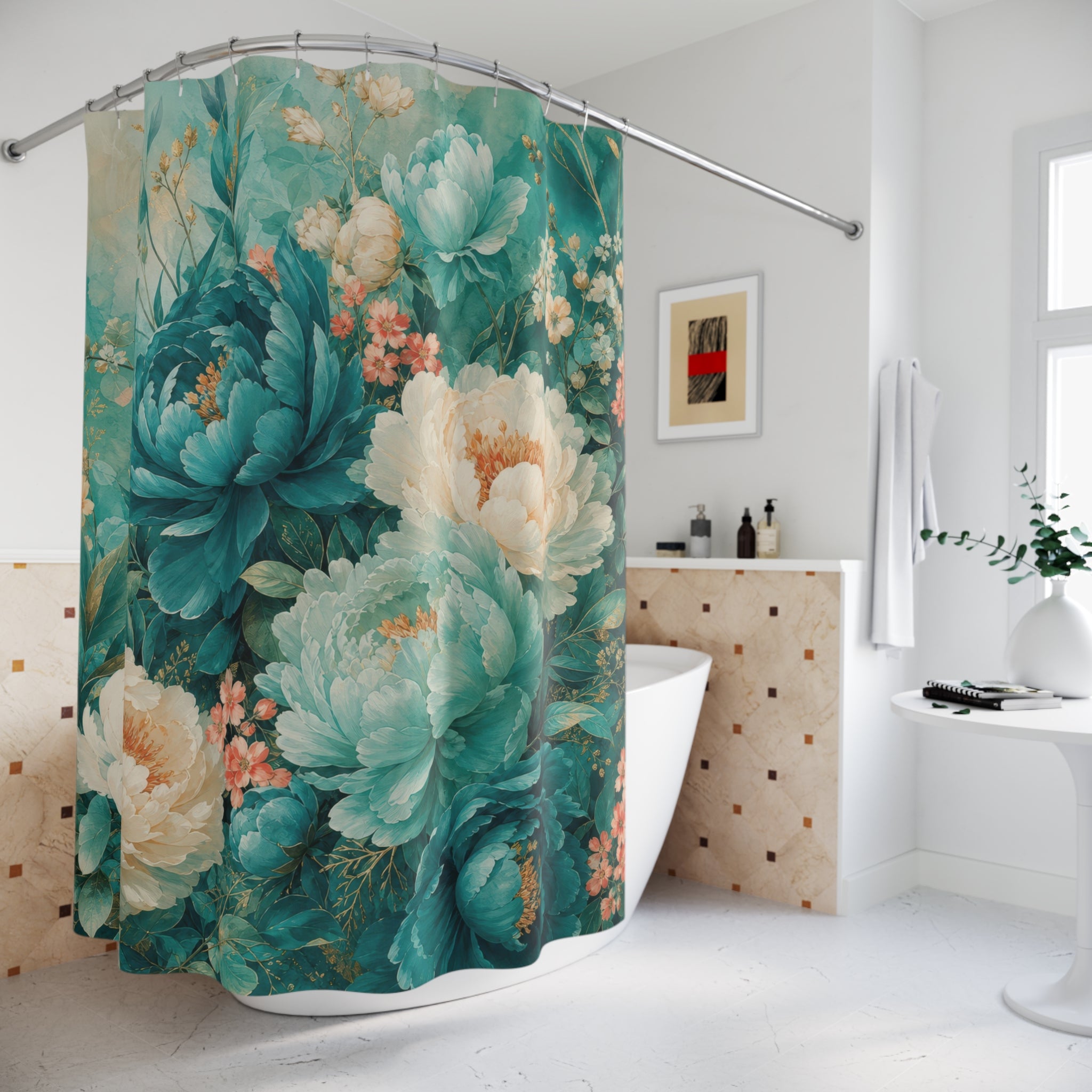 Teal Floral Shower Curtain: Blue Green Flower