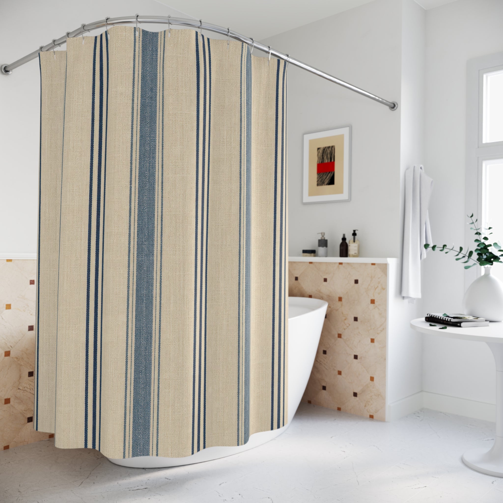 Navy Flax Stripe Shower Curtain