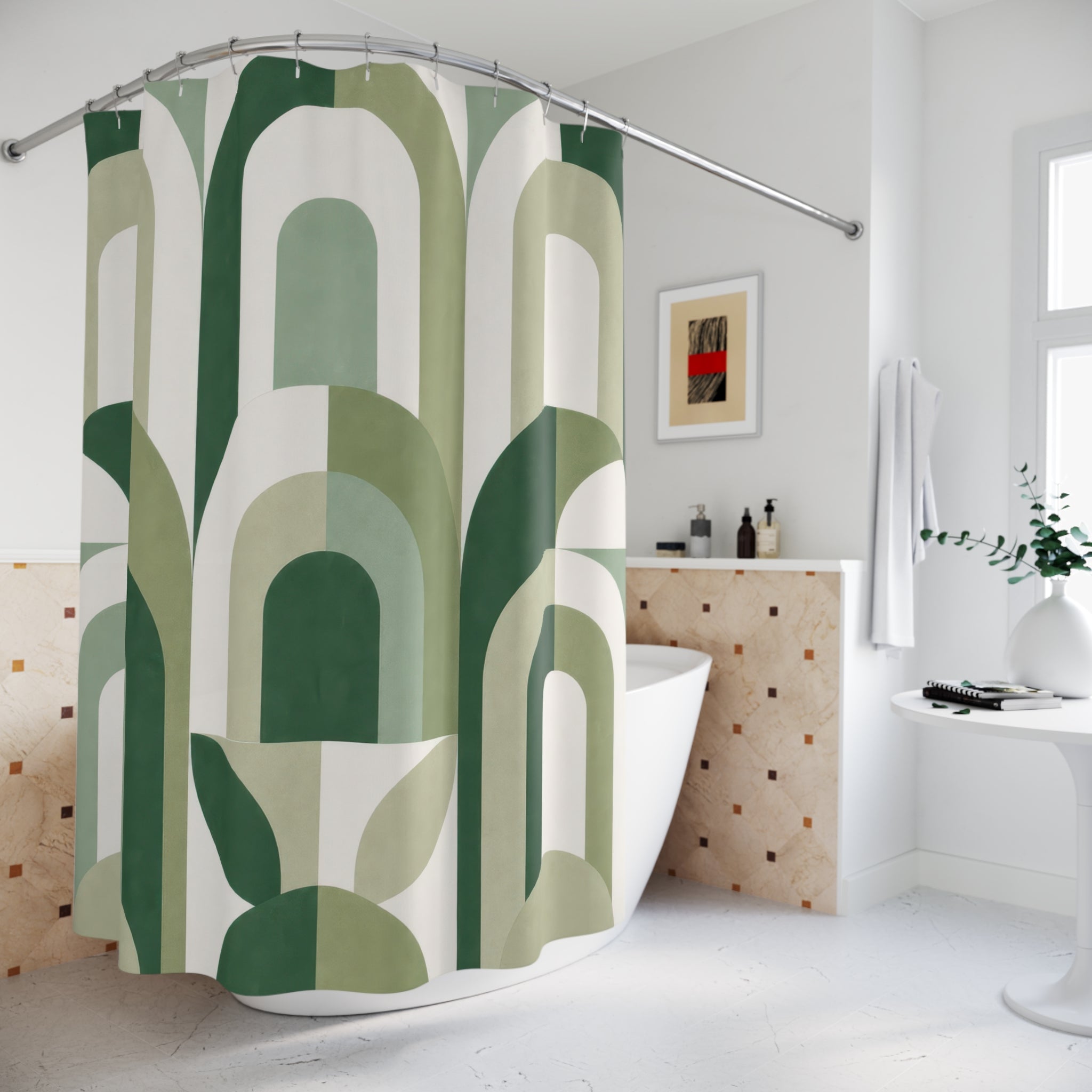 Green White Shower Curtain, Mid Century Arch Bath Decor, Sage Geometric Pattern, Modern Guest Bathroom Decor, Retro Green Style Decor