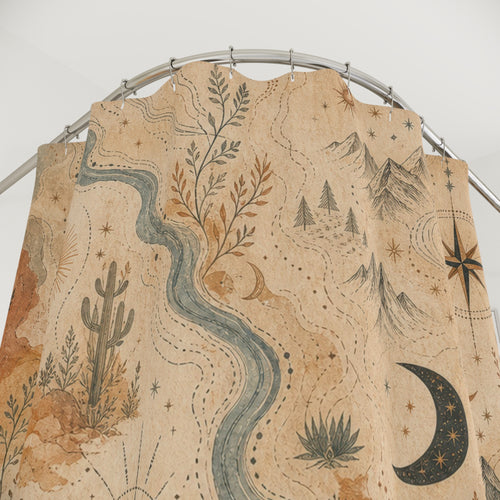 Abstract Desert Map boho terracotta shower curtain with close-up print, hooks, and folds