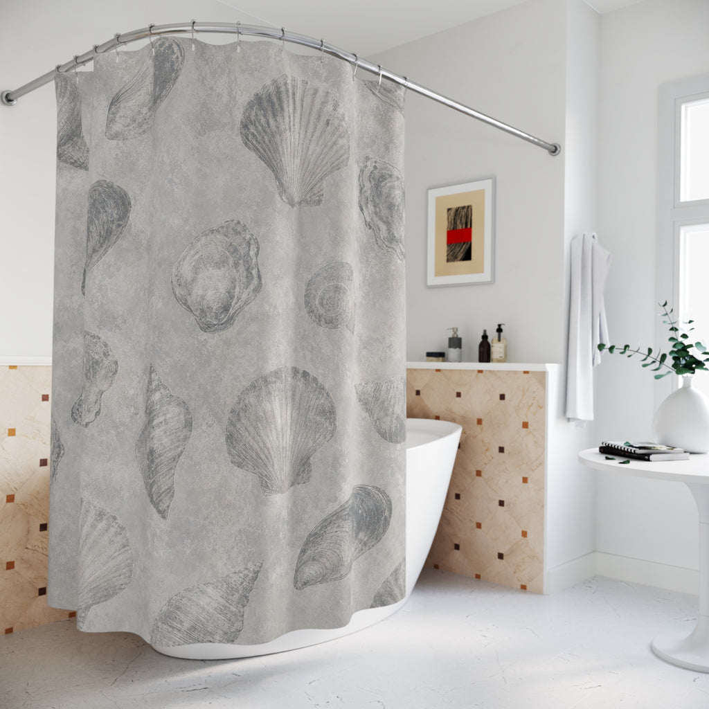 Shell Shower Curtain, Gray Coastal Bath Decor, Sketched Seashell Pattern, Neutral Guest Bathroom Decor, Soft Beach Coastal Spa Style