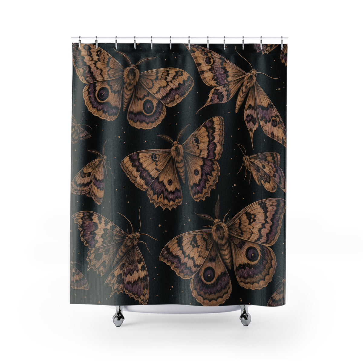 Tan moths with purple markings on black shower curtain with full front view