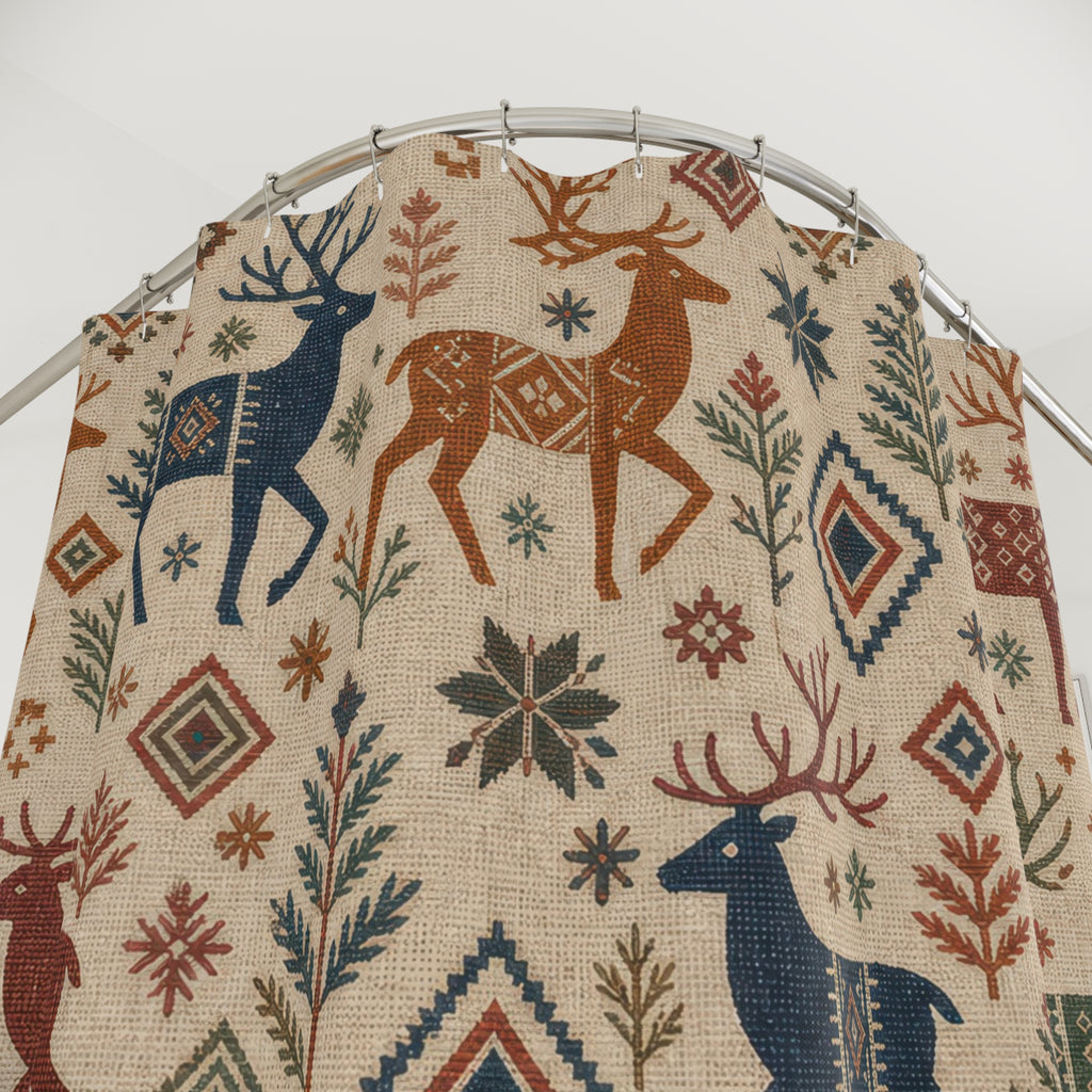 Nordic Reindeer Christmas Shower Curtain, Rust Indigo Woven Holiday Pattern, Scandinavian Winter Bathroom Decor, Cozy Guest Bath