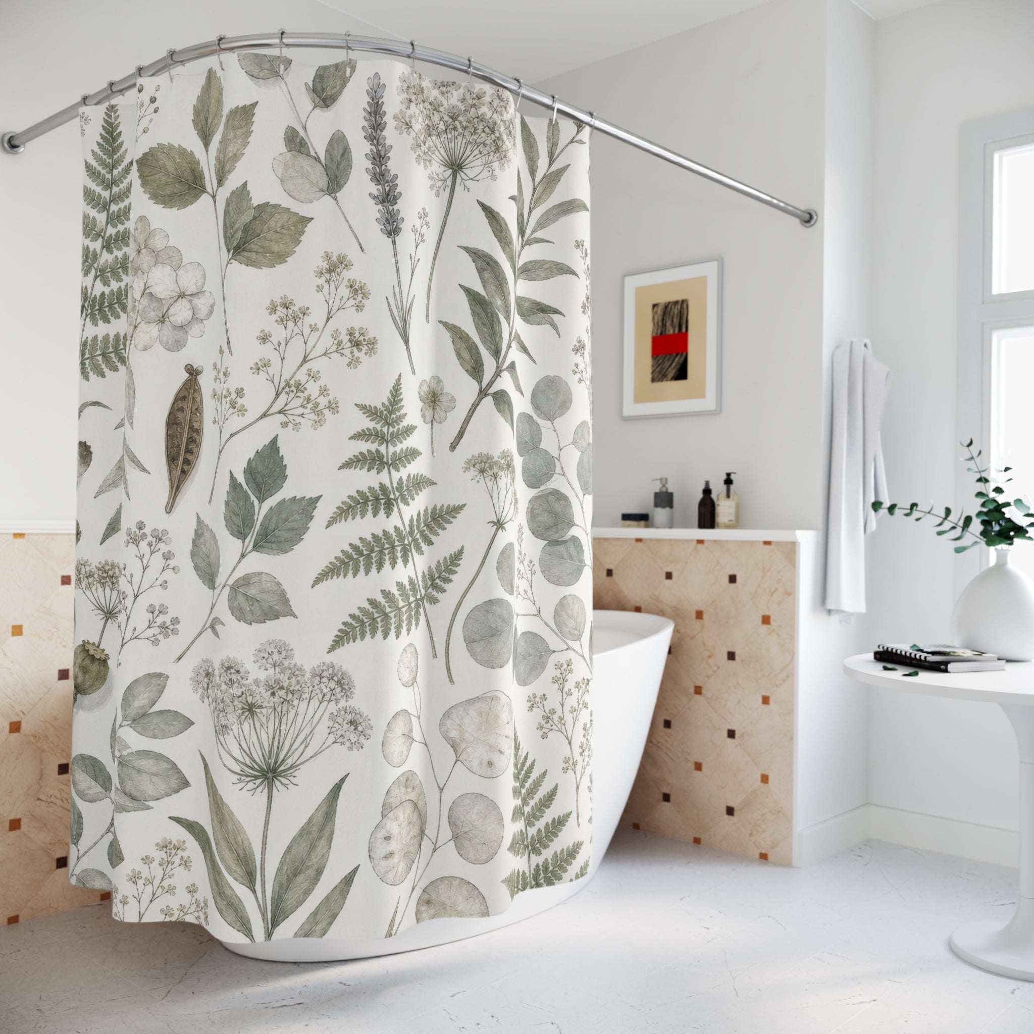 Green Herbarium Shower Curtain, Sage Green Nature Bathroom Decor, Herbarium Botanical Bath Curtain, Guest Bath Decor, Small Bathroom Decor