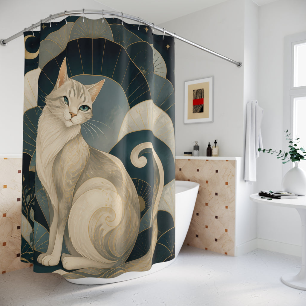 Pearl and teal cat portrait framed by fan arches shower curtain beside a freestanding tub