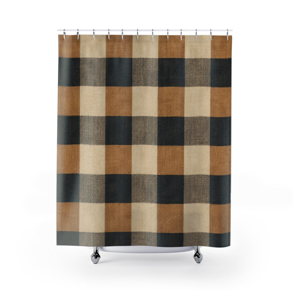 Buffalo Check Shower Curtain, Black Tan Brown Plaid Pattern, Rustic Farmhouse Bathroom Decor, Lodge Guest Bath Cabin Style